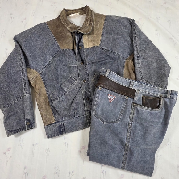 Vintage 90s GUESS Denim & Leather Matching Jacket + Jeans SetTriangle Logo MEN